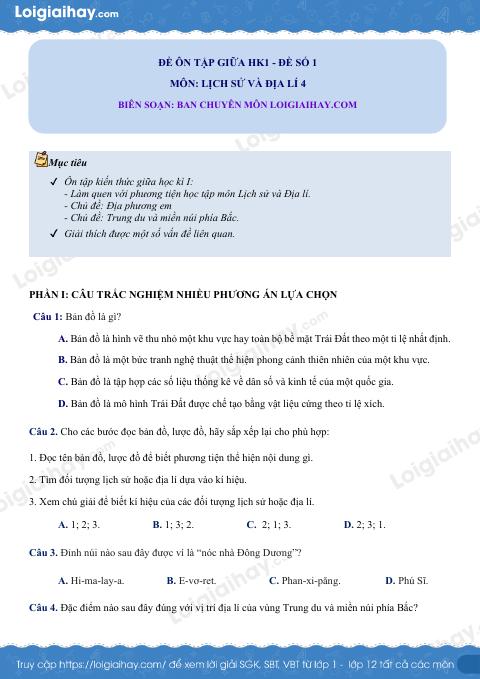 Đề kiểm tra giữa kì 1 Lịch sử và Địa lí 4 - Đề số 1